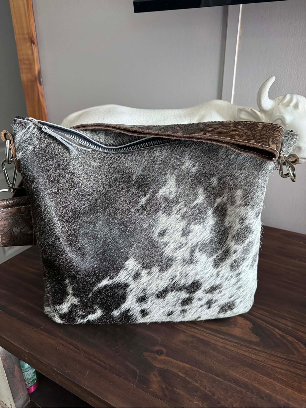 Cowhide Tote Bag with Brown Leather Trim